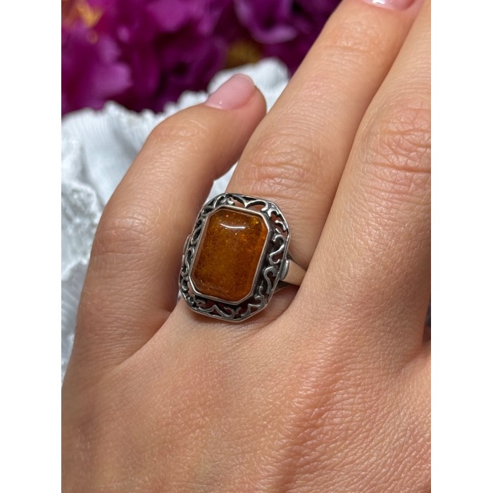 925 Sterling Silver Amber Ring Size 5