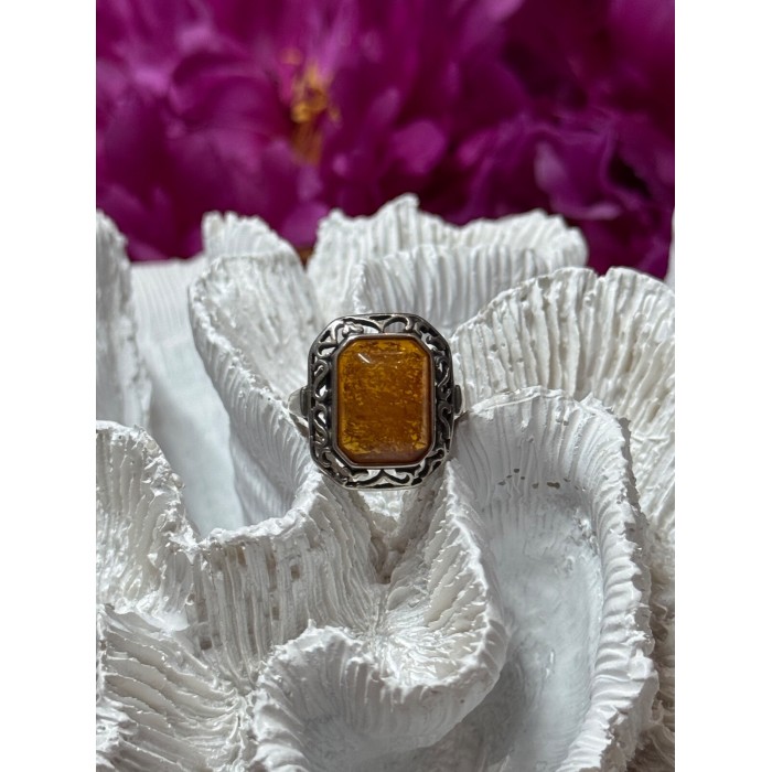 925 Sterling Silver Amber Ring Size 5