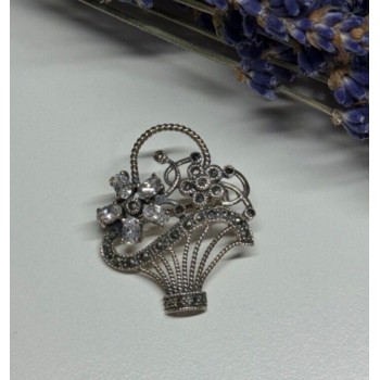 925 Sterling Silver CZ & Marcasites Flowers Brooch