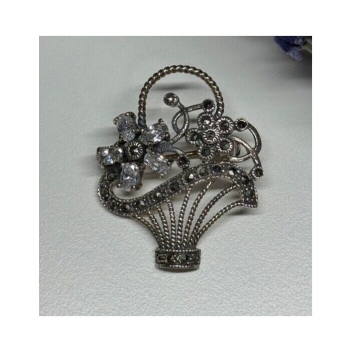 925 Sterling Silver CZ & Marcasites Flowers Brooch