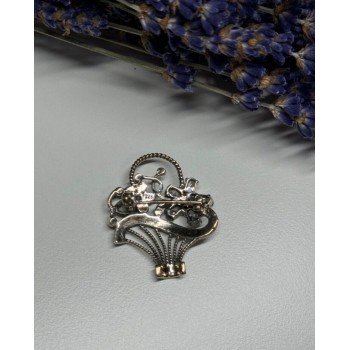 925 Sterling Silver CZ & Marcasites Flowers Brooch