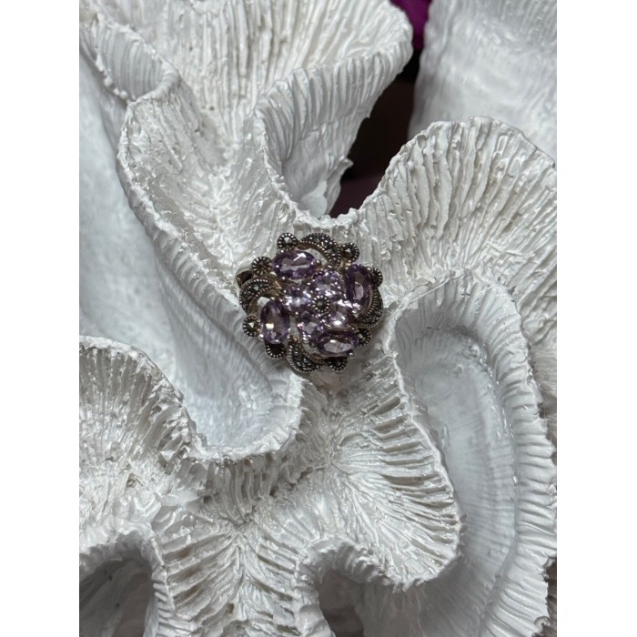 925 Sterling Silver Amethyst & Marcasite Ring Size 5