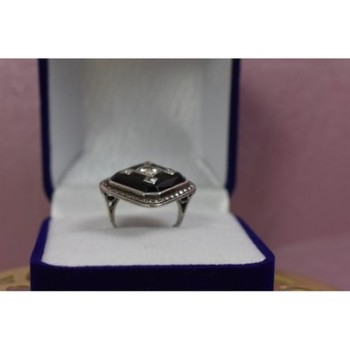 925 STERLING SILVER BLACK JADE, COLORLESS SAPPHIRE & MARCASITE RING SIZE 5.5