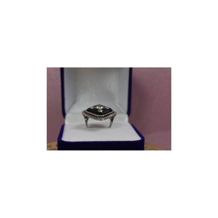 925 STERLING SILVER BLACK JADE, COLORLESS SAPPHIRE & MARCASITE RING SIZE 5.5