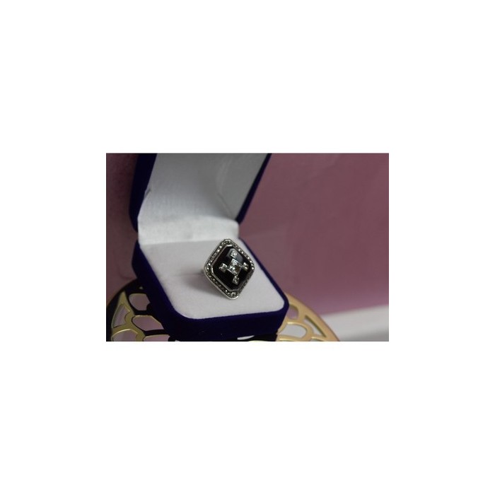 925 STERLING SILVER BLACK JADE, COLORLESS SAPPHIRE & MARCASITE RING SIZE 5.5