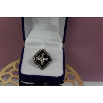 925 STERLING SILVER BLACK JADE, COLORLESS SAPPHIRE & MARCASITE RING SIZE 5.5