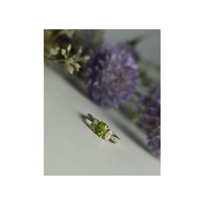 925 Sterling Silver Peridot & Colorless Quartz Ring Size 8