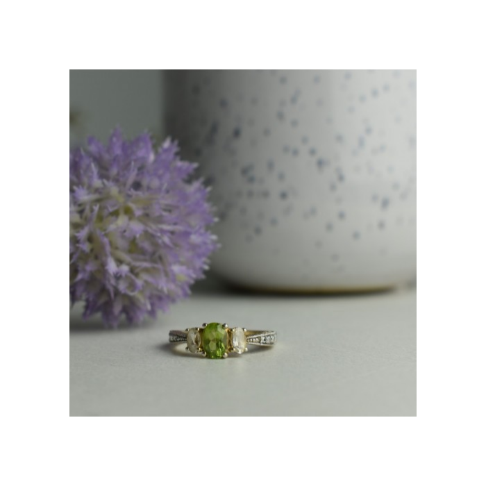 925 Sterling Silver Peridot & Colorless Quartz Ring Size 8