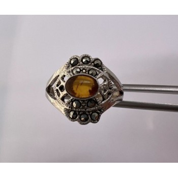 925 Sterling Silver Amber & Marcasite Ring Size 7