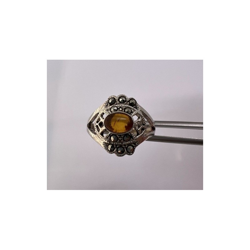 925 Sterling Silver Amber & Marcasite Ring Size 7