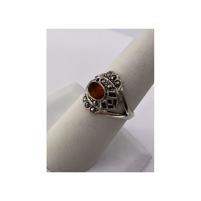 925 Sterling Silver Amber & Marcasite Ring Size 7