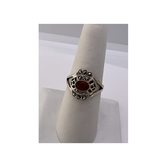 925 Sterling Silver Amber & Marcasite Ring Size 7