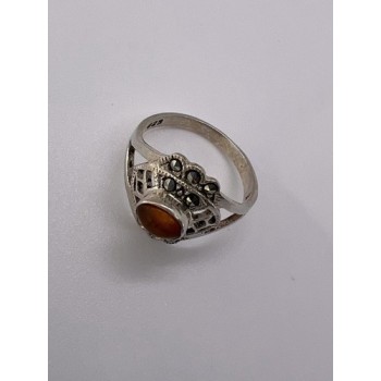 925 Sterling Silver Amber & Marcasite Ring Size 7