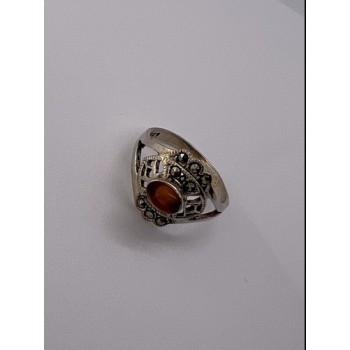 925 Sterling Silver Amber & Marcasite Ring Size 7