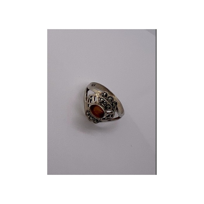 925 Sterling Silver Amber & Marcasite Ring Size 7