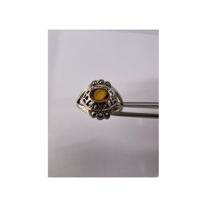 925 Sterling Silver Amber & Marcasite Ring Size 7