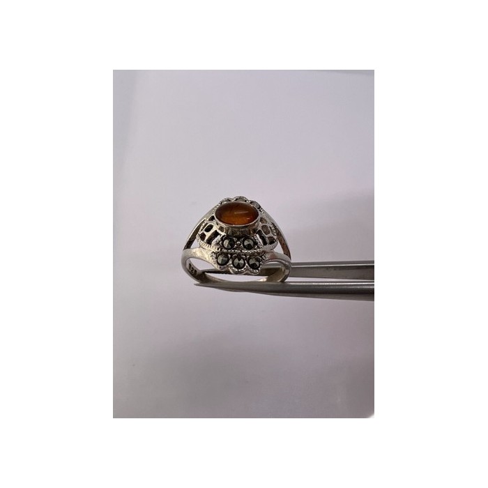 925 Sterling Silver Amber & Marcasite Ring Size 7