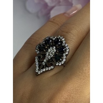 925 Sterling Silver Sapphire & CZ Ring Size 7.5