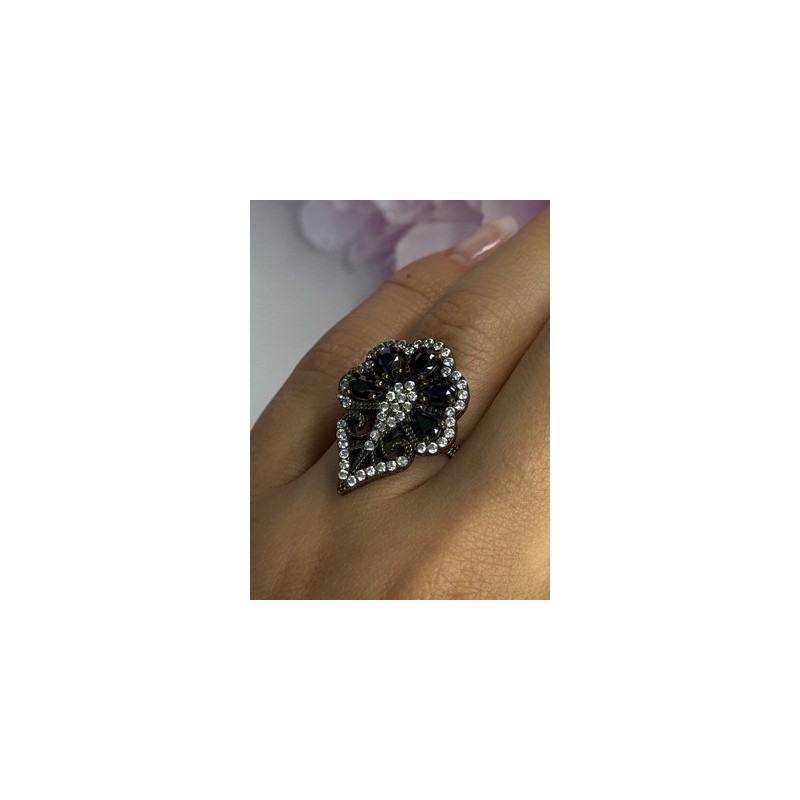 925 Sterling Silver Sapphire & CZ Ring Size 7.5