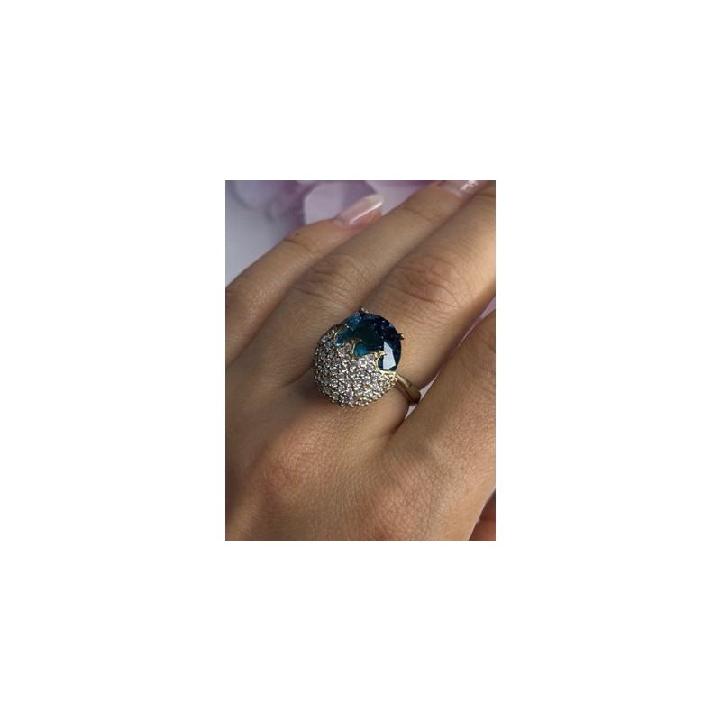 925 Sterling Silver Blue Crystal & CZ Ring Size 8