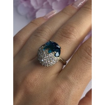925 Sterling Silver Blue Crystal & CZ Ring Size 8