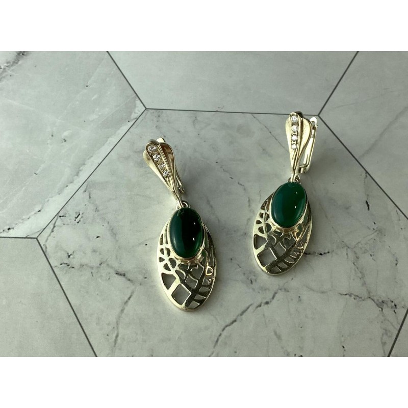 VINTAGE 925 STERLING SILVER GREEN AGATE & CZ EARRINGS