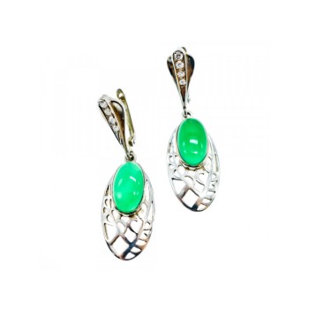VINTAGE 925 STERLING SILVER GREEN AGATE & CZ EARRINGS