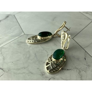 VINTAGE 925 STERLING SILVER GREEN AGATE & CZ EARRINGS
