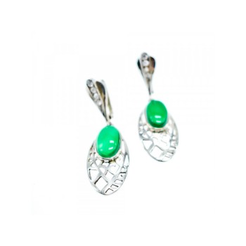 VINTAGE 925 STERLING SILVER GREEN AGATE & CZ EARRINGS