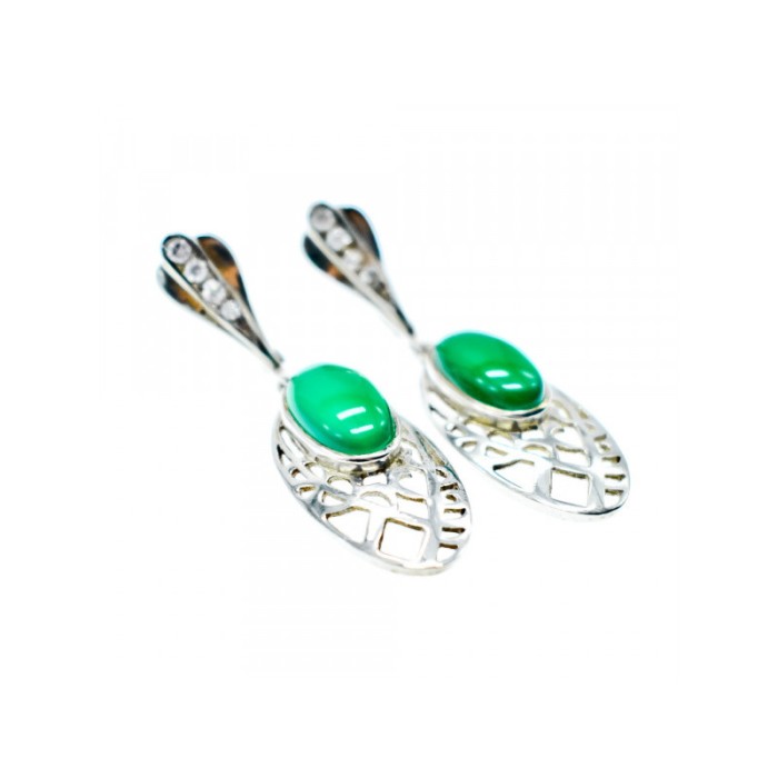 VINTAGE 925 STERLING SILVER GREEN AGATE & CZ EARRINGS