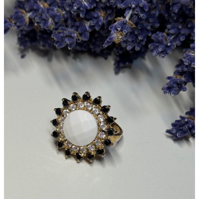 925 STERLING SILVER AGATE, WHITE & BLUE SAPPHIRE RING  SIZE 7