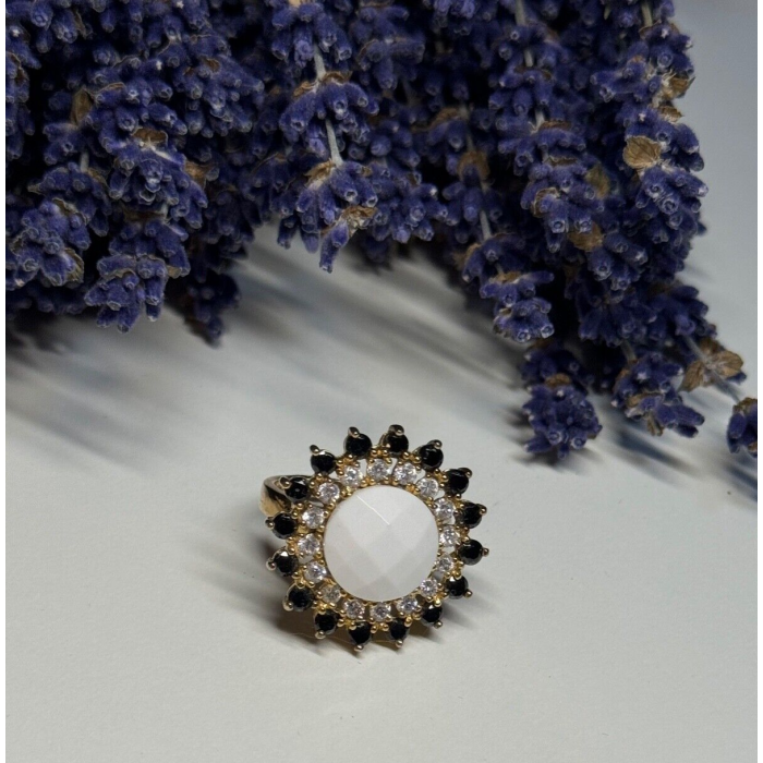 925 STERLING SILVER AGATE, WHITE & BLUE SAPPHIRE RING  SIZE 7