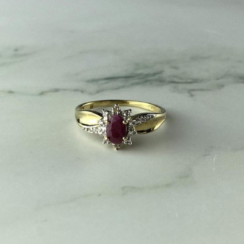 925 Sterling Silver Gold Plated Ruby & Diamonds Ring Size 6.5