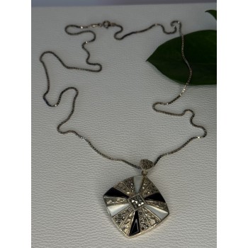 925 Sterling Silver Onyx & Abalone & Marcasite Necklace Length 25 inch