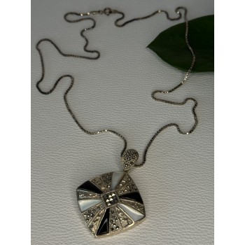 925 Sterling Silver Onyx & Abalone & Marcasite Necklace Length 25 inch