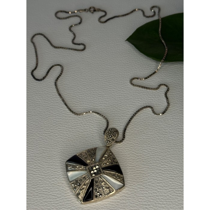 925 Sterling Silver Onyx & Abalone & Marcasite Necklace Length 25 inch