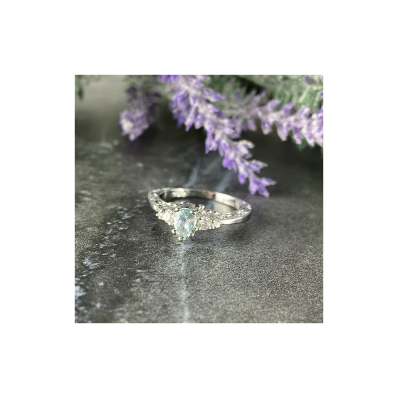 925 Sterling Silver Aquamarine & CZ Ring Size 6.5