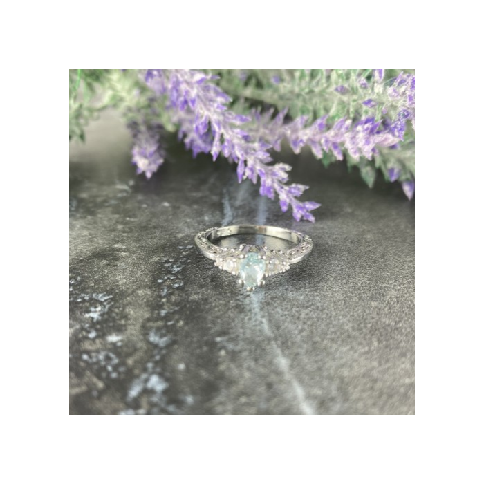 925 Sterling Silver Aquamarine & CZ Ring Size 6.5