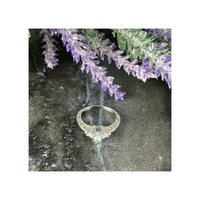 925 Sterling Silver Aquamarine & CZ Ring Size 6.5
