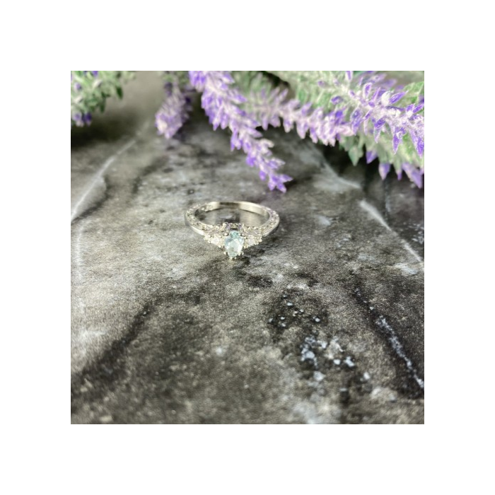 925 Sterling Silver Aquamarine & CZ Ring Size 6.5