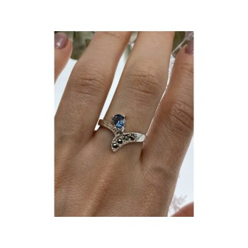 925 Sterling Silver Topaz & Marcasites Ring Size 10