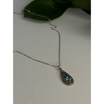 925 Sterling Silver Topaz & Sapphire & Marcasite Necklace Length 15.5 inch