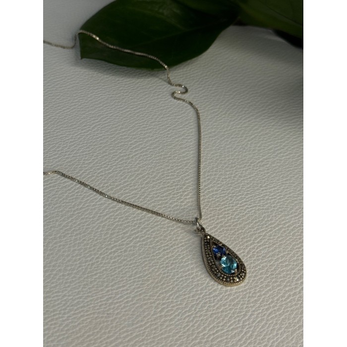 925 Sterling Silver Topaz & Sapphire & Marcasite Necklace Length 15.5 inch