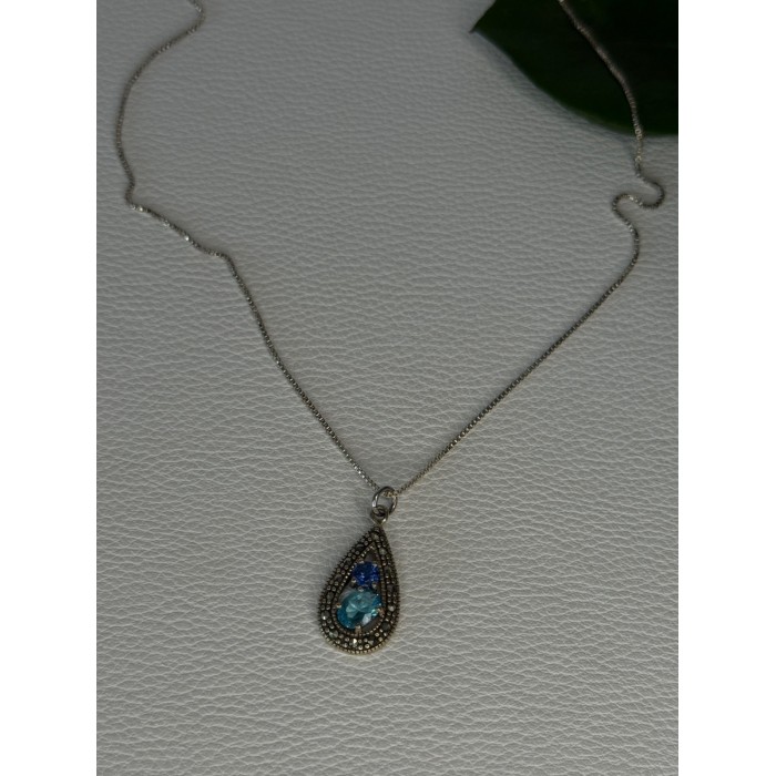 925 Sterling Silver Topaz & Sapphire & Marcasite Necklace Length 15.5 inch