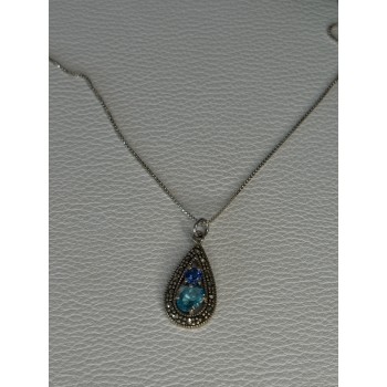 925 Sterling Silver Topaz & Sapphire & Marcasite Necklace Length 15.5 inch