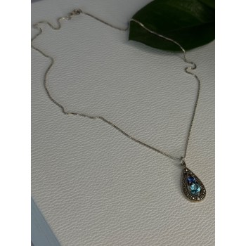 925 Sterling Silver Topaz & Sapphire & Marcasite Necklace Length 15.5 inch