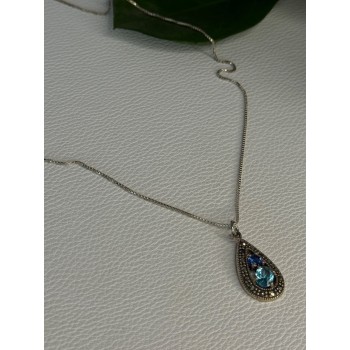 925 Sterling Silver Topaz & Sapphire & Marcasite Necklace Length 15.5 inch