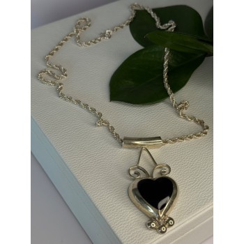 925 Sterling Silver Onyx Heart Necklace Length 24 inch
