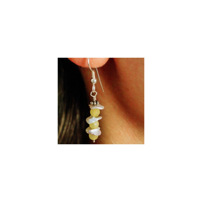 925 Sterling Silver Yellow Agate & Mother Of Pearl Earrings