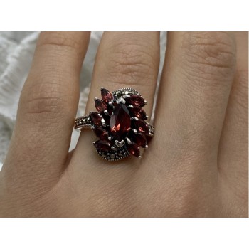 925 STERLING SILVER SPESSARTINE & MARCASITES RING SIZE 6.5